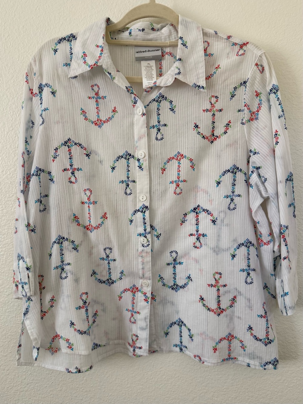 Alfred Dunner blouse white nautical print size PL preloved cotton natural fiber